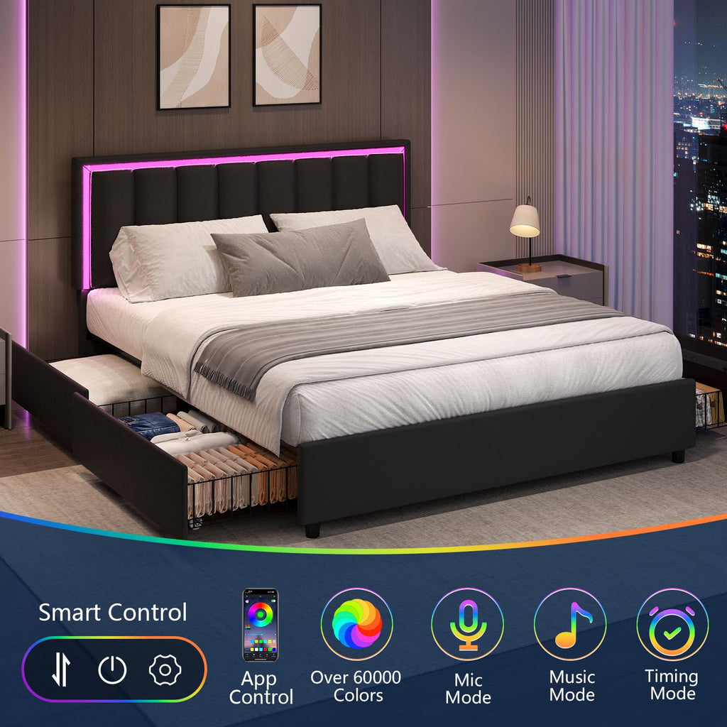 Black Full Size Upholstered Bed Frame with 4 Drawers and LED Lights N4978