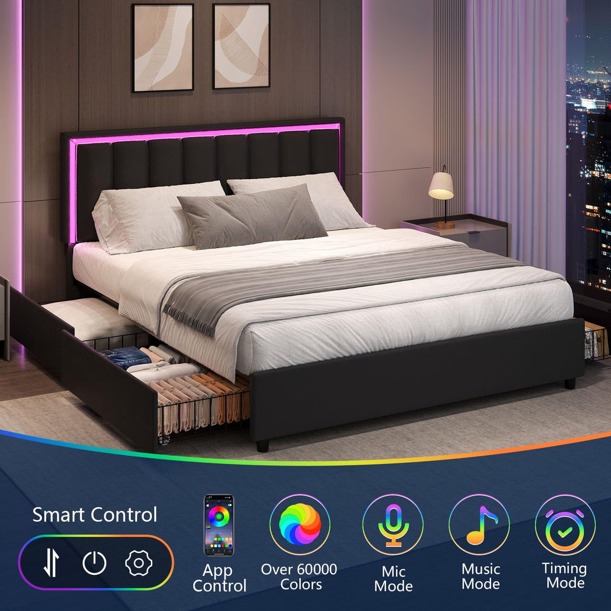 Black Full Size Upholstered Bed Frame with 4 Drawers and LED Lights N4978