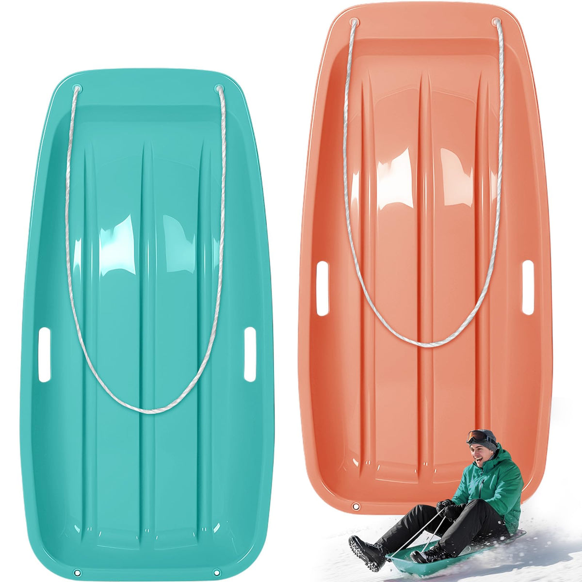 2 Pcs Plastic Snow Sled with Pull Rope and Handles W609
