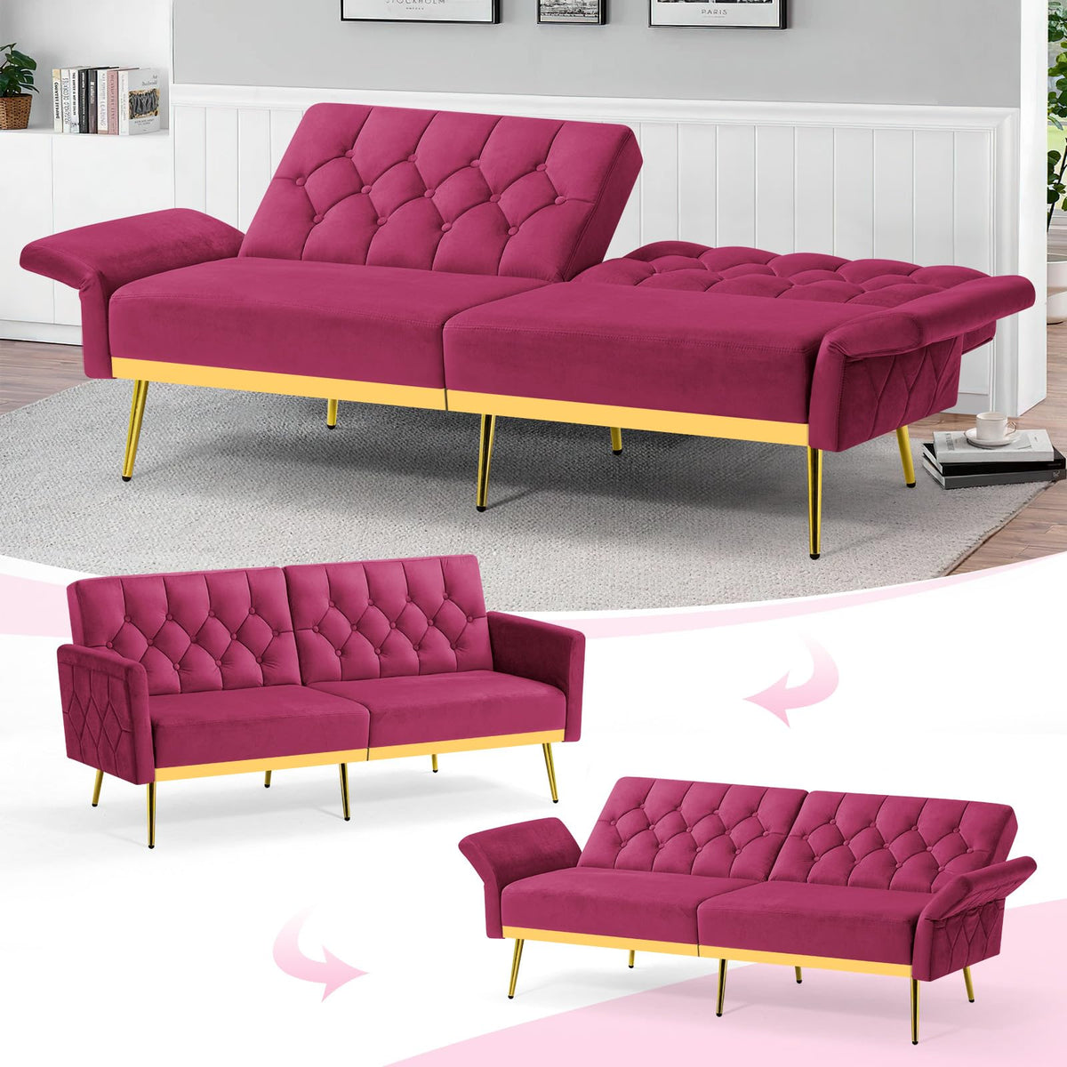Velvet Sofa Bed with Adjustable Armrests & Backrests M608