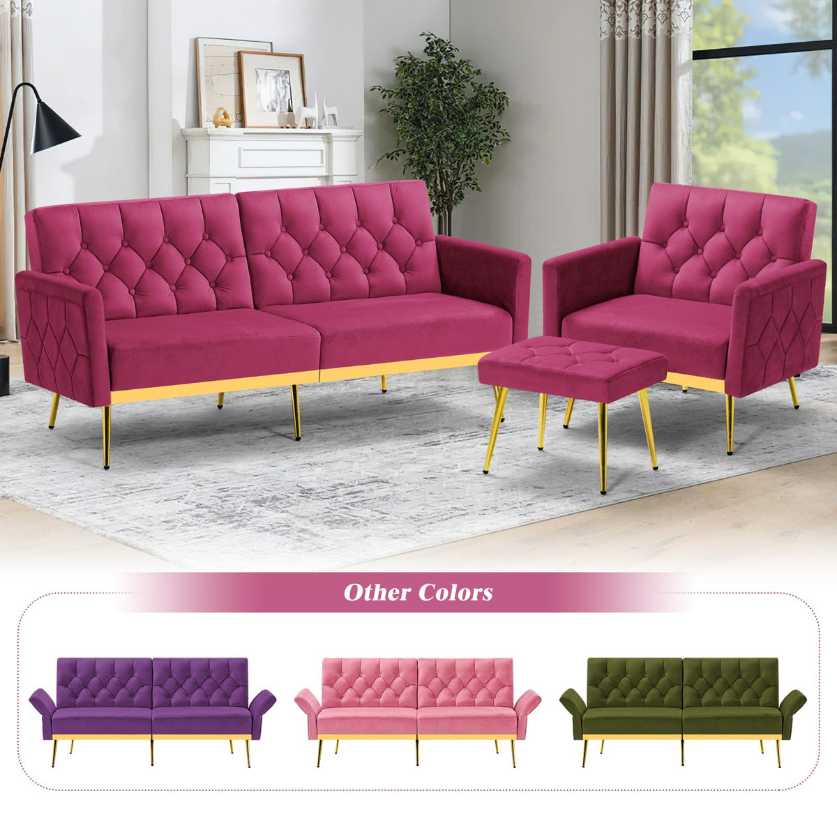 Velvet Sofa Bed with Adjustable Armrests & Backrests M608