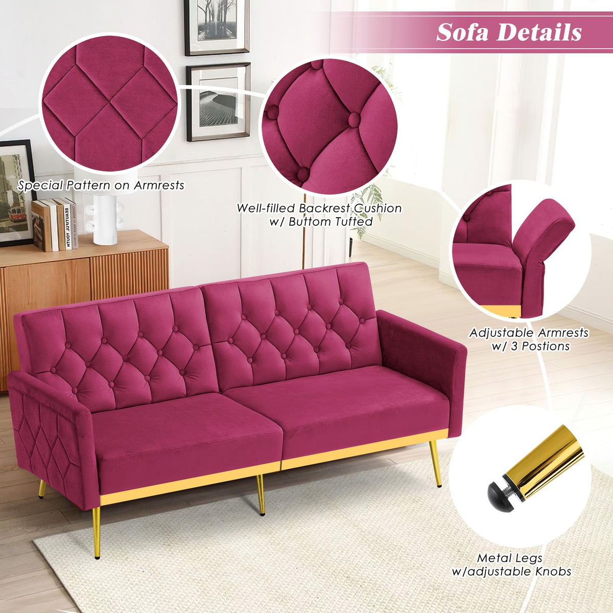 Velvet Sofa Bed with Adjustable Armrests & Backrests M608