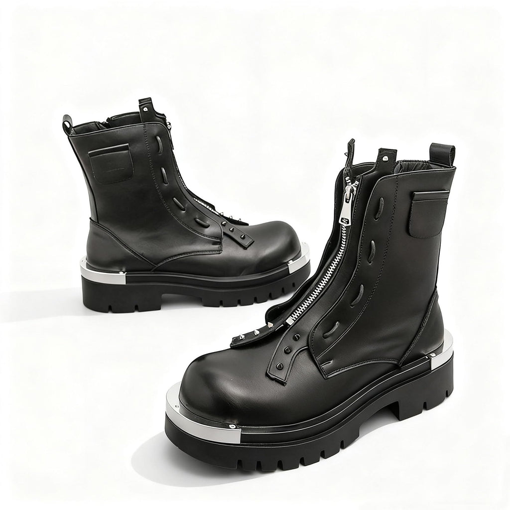Men'S Leather Chunky Heel Motorcycle Boots With Front Zipper Round Toe Non-Slip Lug Sole Platform Ankle Boots T5547