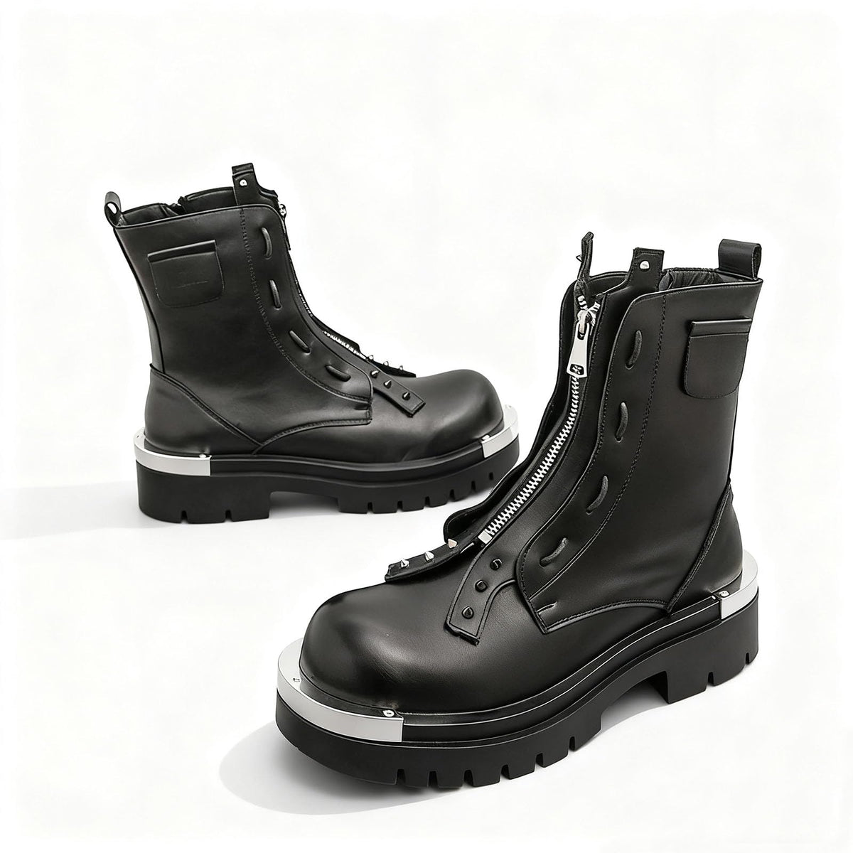 Men'S Leather Chunky Heel Motorcycle Boots With Front Zipper Round Toe Non-Slip Lug Sole Platform Ankle Boots T5547