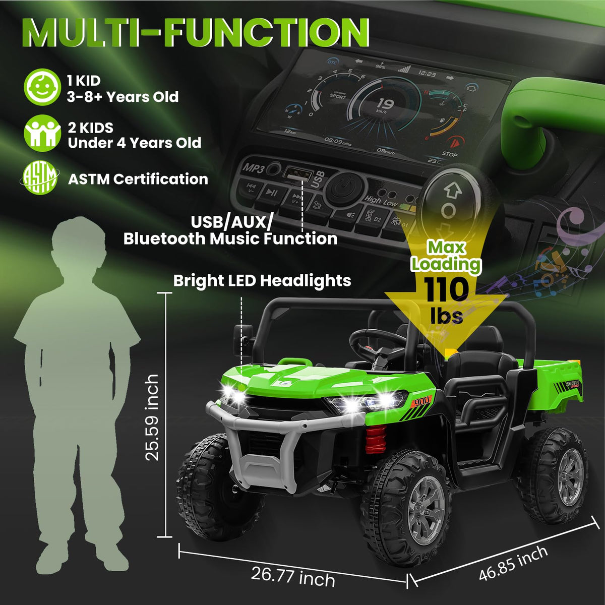 24V 4WD Ride on Truck Car with Dump Bed, 2 Seaters, Remote Control, Green N6770