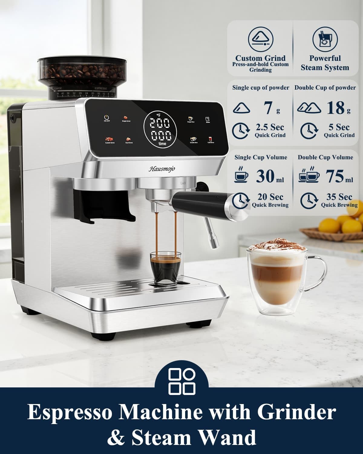 Espresso Machine with Burr Grinder and Steam Wand E64705