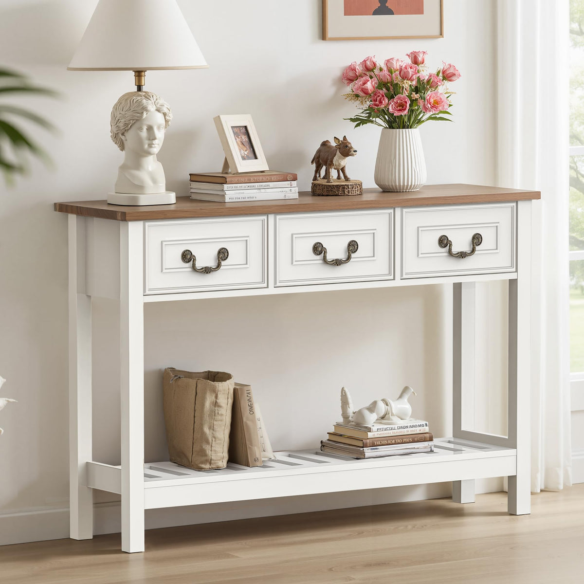 Black Oak Sofa Table with 3 Drawers U923