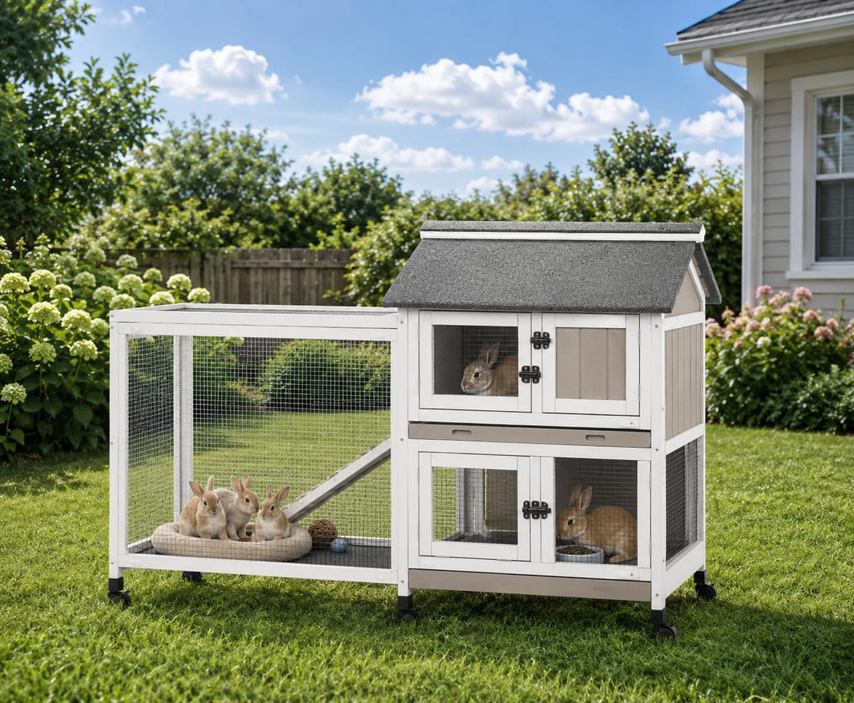 2-Story Wooden Rabbit Hutch with 3 Removable Trays K788719