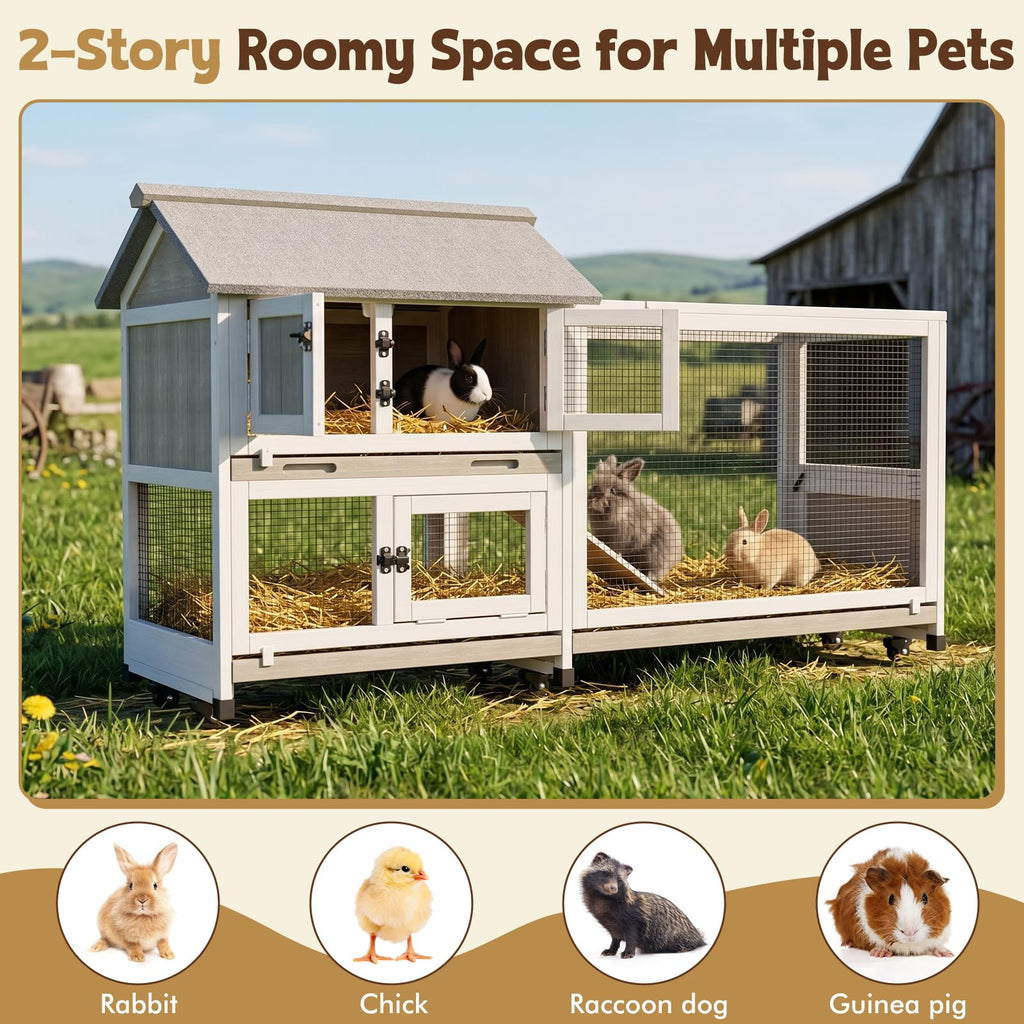 2-Story Wooden Rabbit Hutch with 3 Removable Trays K788719