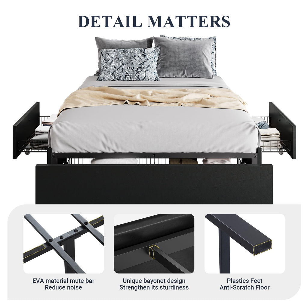 Queen Size Platform Storage Bed Frame with 3 Drawers, Black S8876