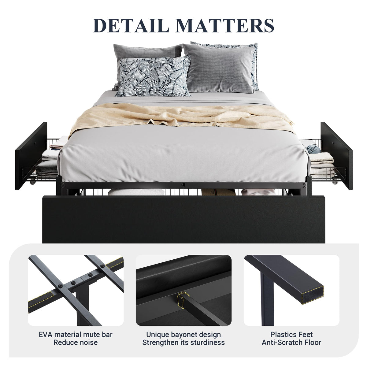 Queen Size Platform Storage Bed Frame with 3 Drawers, Black S8876