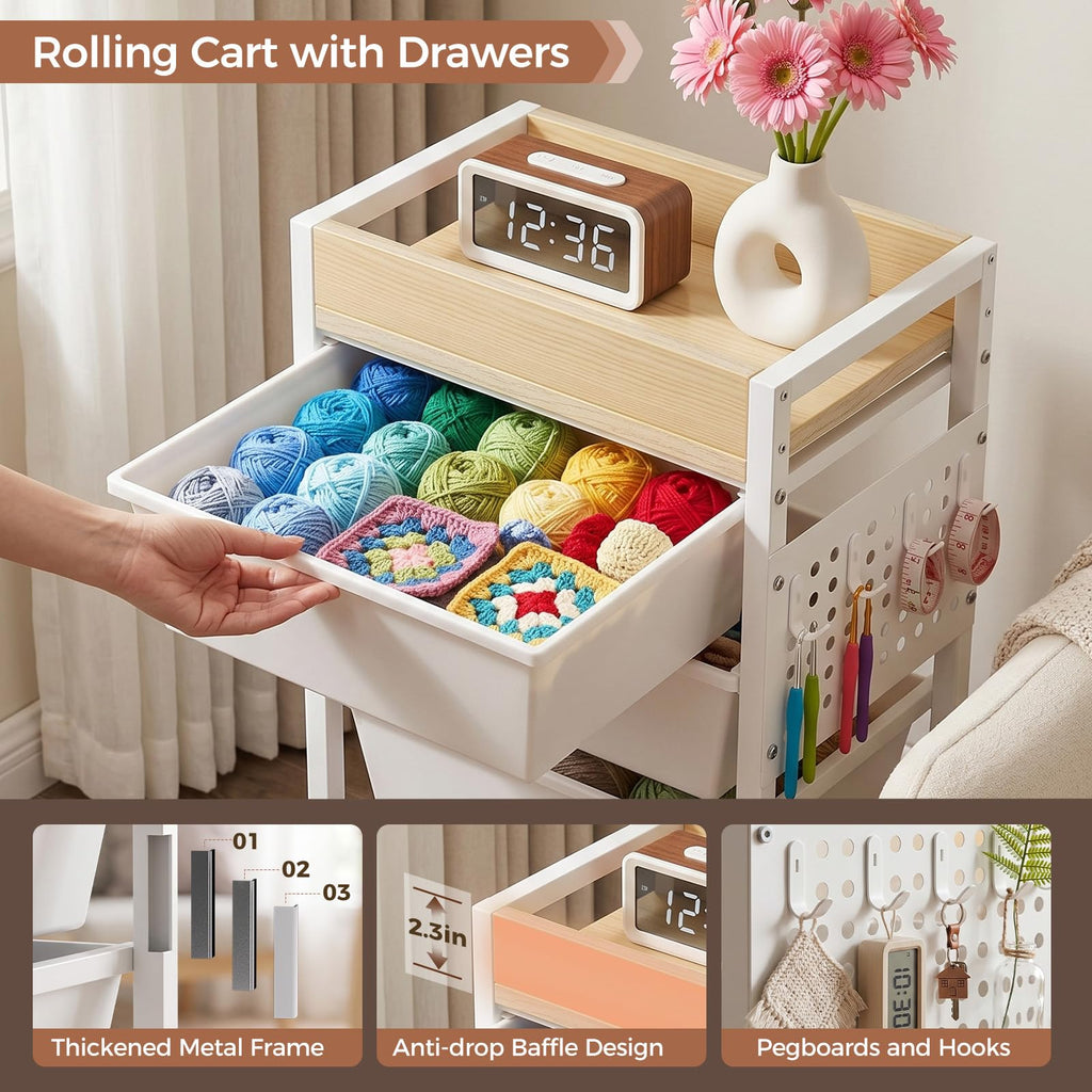 5 Tier Rolling Cart with Drawers, White M2221