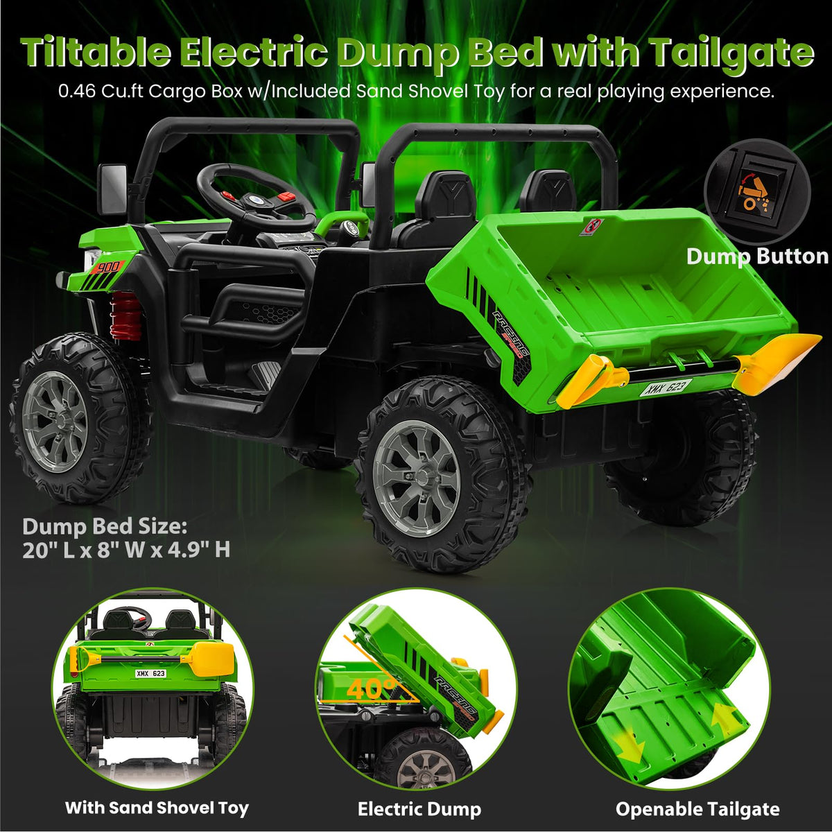 24V 4WD Ride on Truck Car with Dump Bed, 2 Seaters, Remote Control, Green N6770