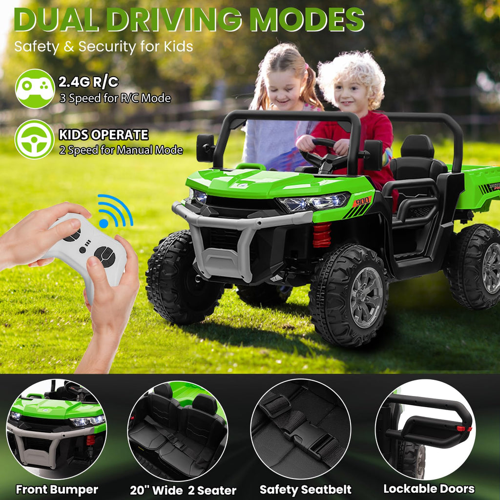 24V 4WD Ride on Truck Car with Dump Bed, 2 Seaters, Remote Control, Green N6770