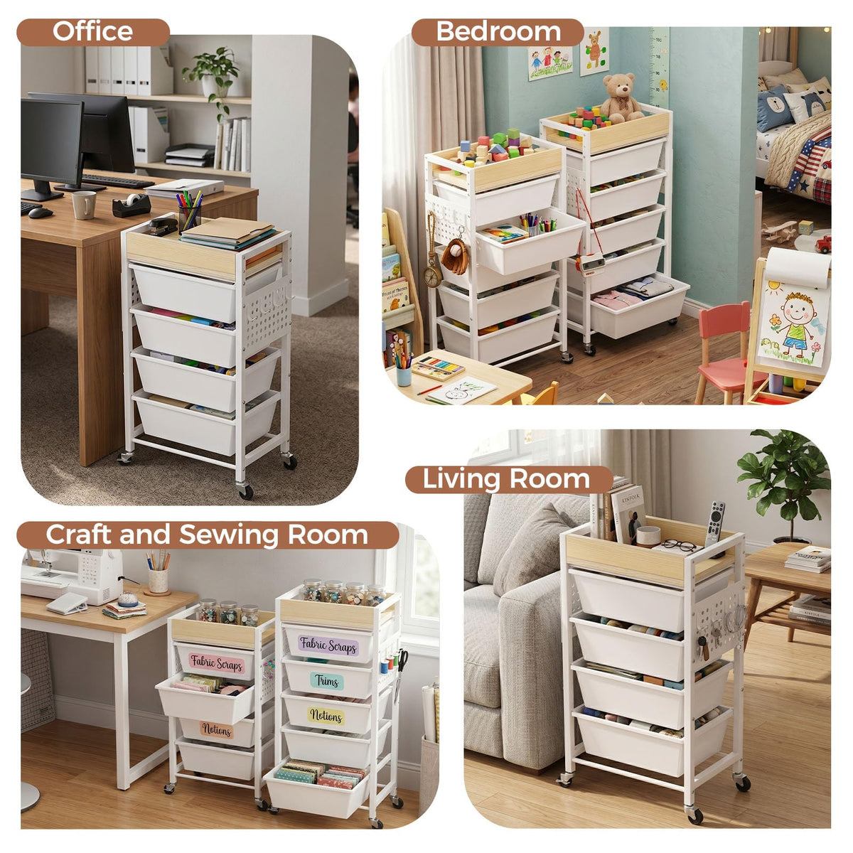 5 Tier Rolling Cart with Drawers, White M2221