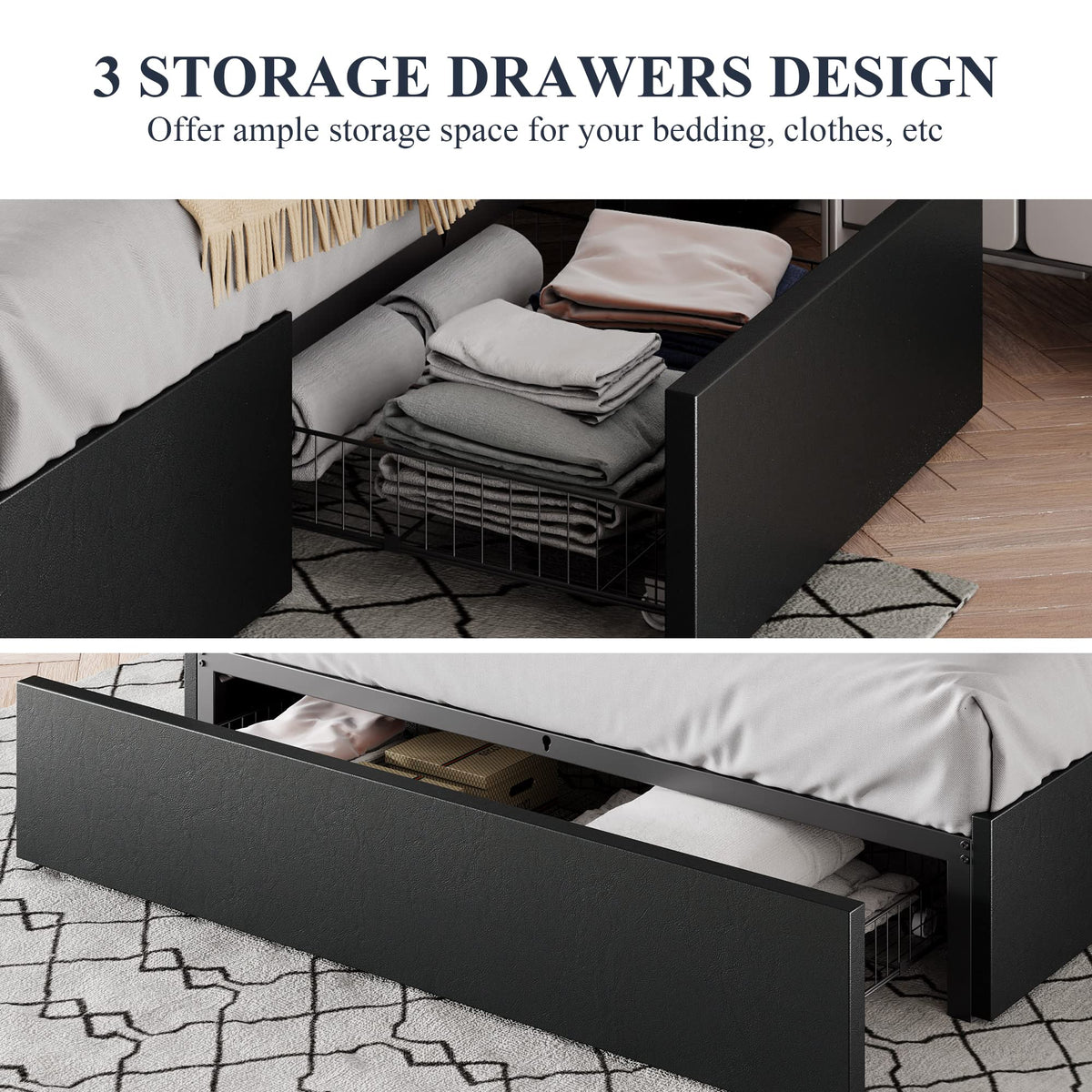 Queen Size Platform Storage Bed Frame with 3 Drawers, Black S8876