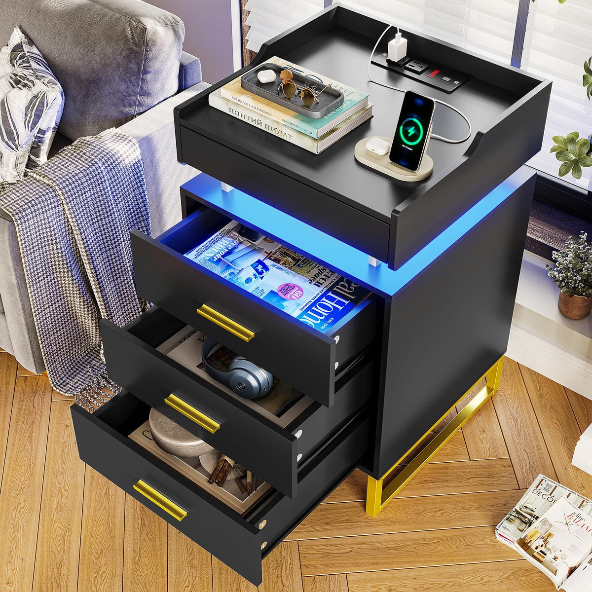 Black and Gold LED Nightstand with Charging Station X201463
