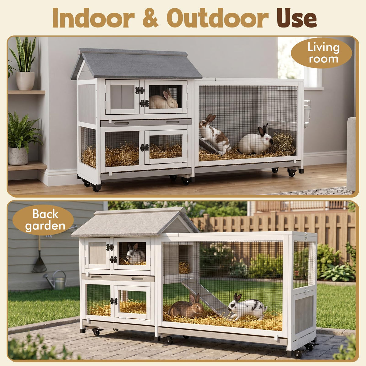 2-Story Wooden Rabbit Hutch with 3 Removable Trays K788719