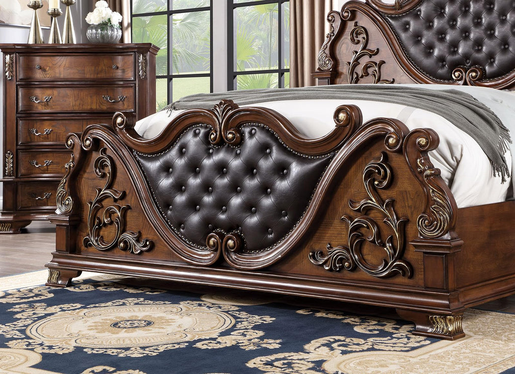 Brown Cherry California King Bed Frame with Tufted Leatherette Headboard E894