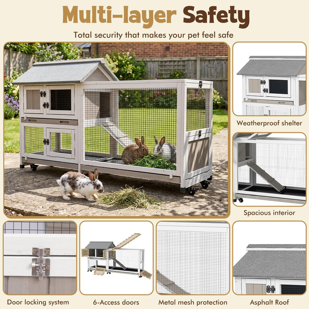 2-Story Wooden Rabbit Hutch with 3 Removable Trays K788719