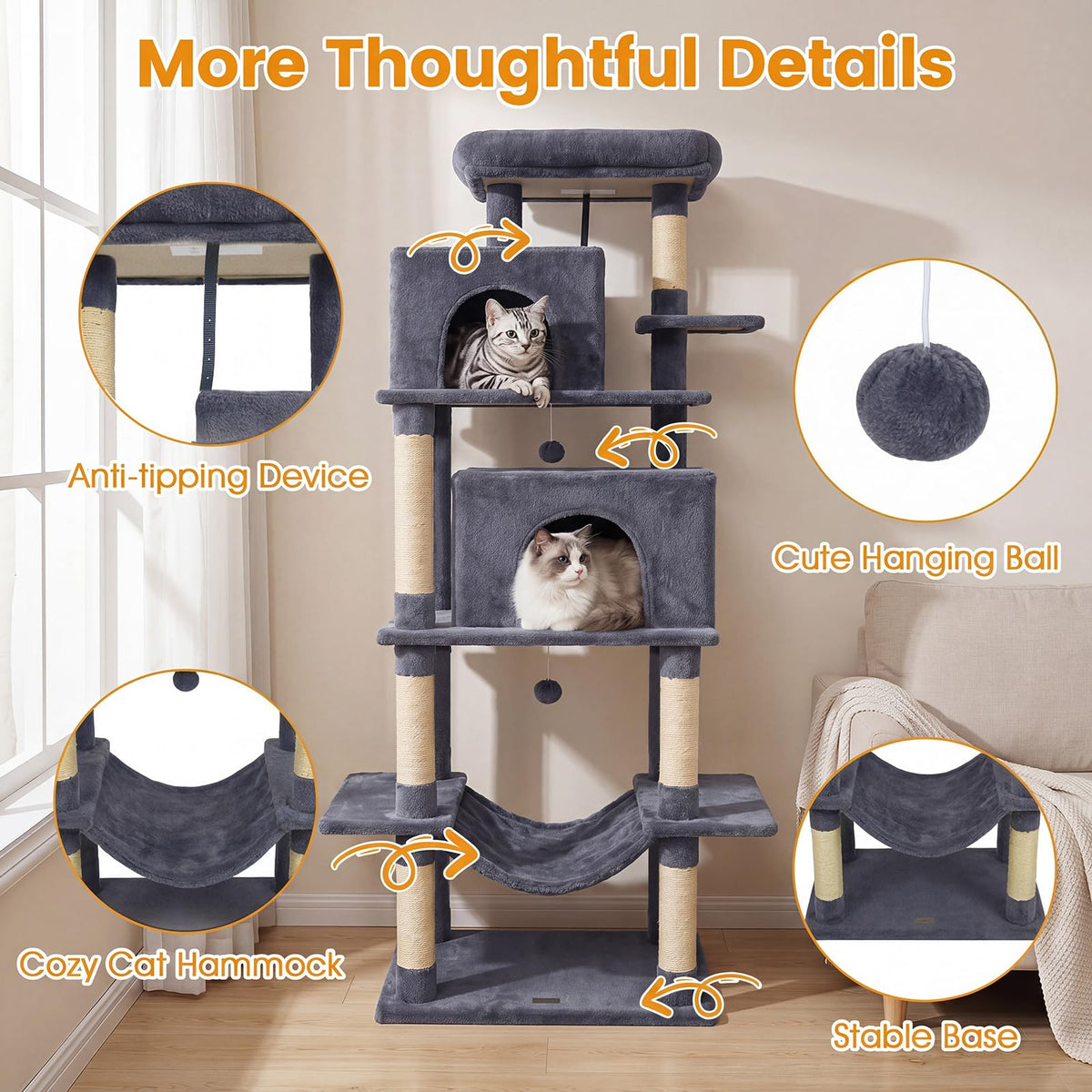 70-inch Multi-Level Cat Tree with Condos and Hammock K8668