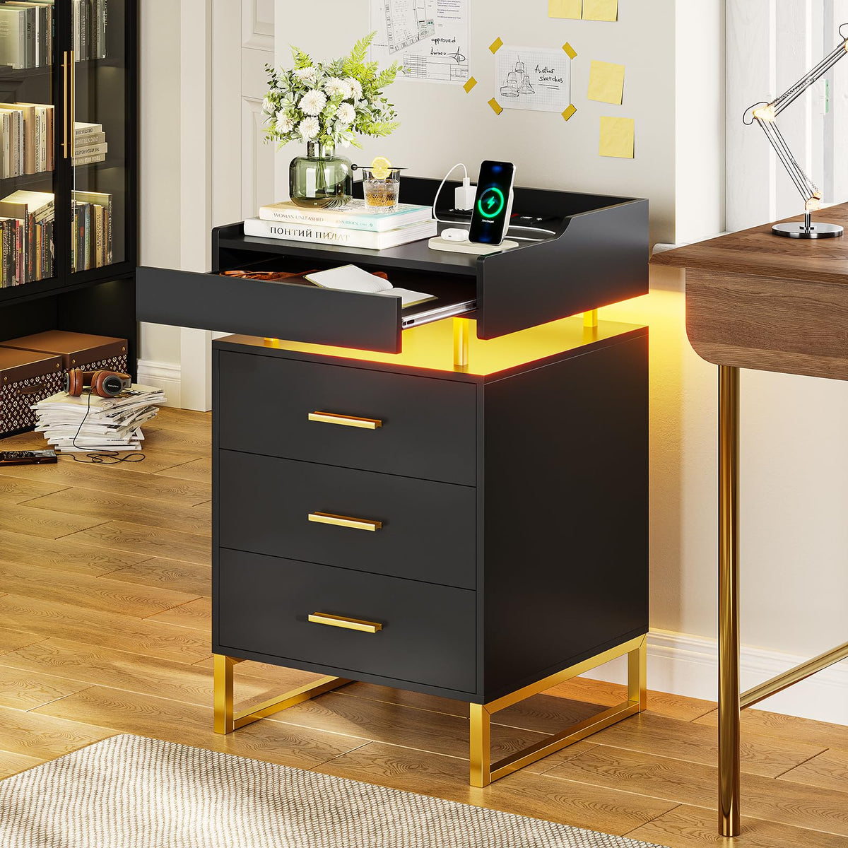 Black and Gold LED Nightstand with Charging Station X201463