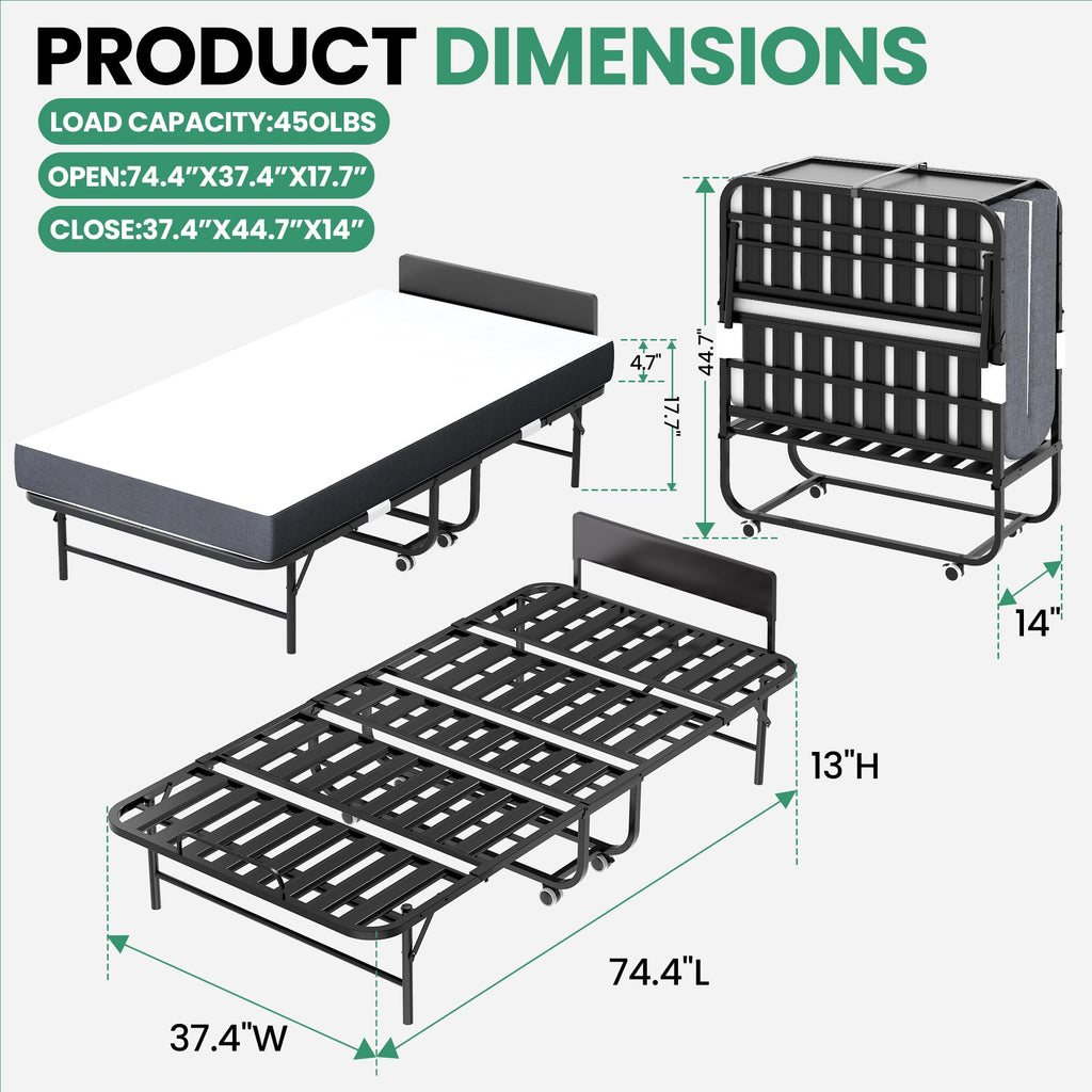Folding Bed with Mattress, 5-Inch Memory Foam, 500lbs Capacity, Metal Frame, Adjustable Headboard S705511