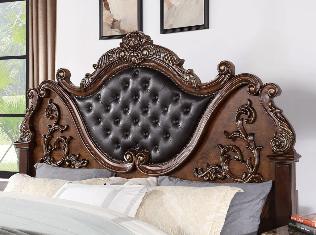 Brown Cherry California King Bed Frame with Tufted Leatherette Headboard E894
