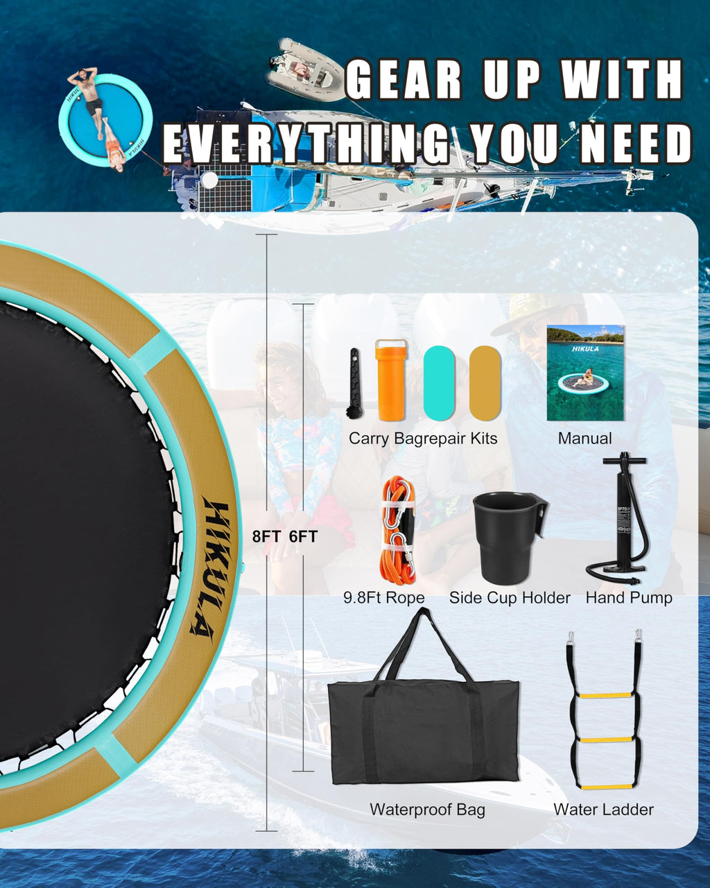 Inflatable Round Floating Ring Water Hammock Dock with Water Ladder and Cup Holder T715