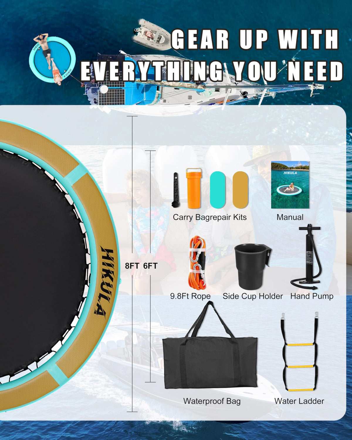 Inflatable Round Floating Ring Water Hammock Dock with Water Ladder and Cup Holder T715