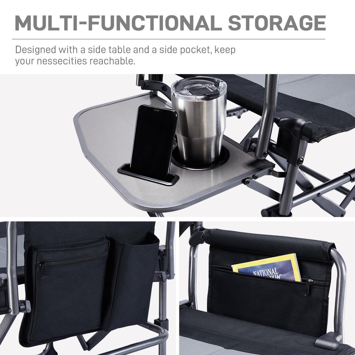 Portable Folding Camping Chair with Side Table, Black S163