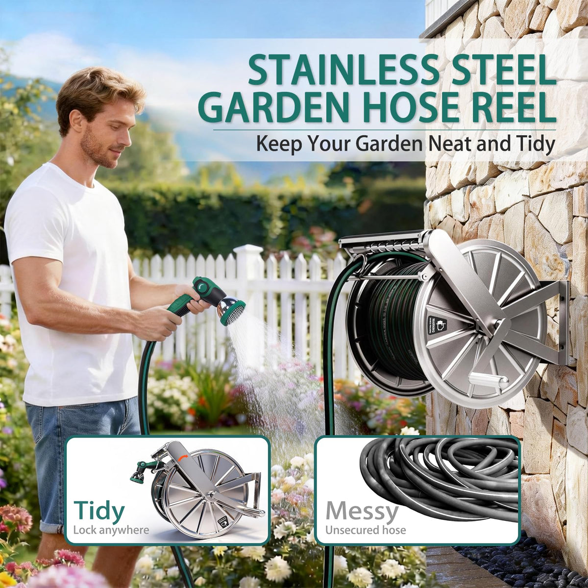 Stainless Steel Wall Mount Garden Hose Reel M1497