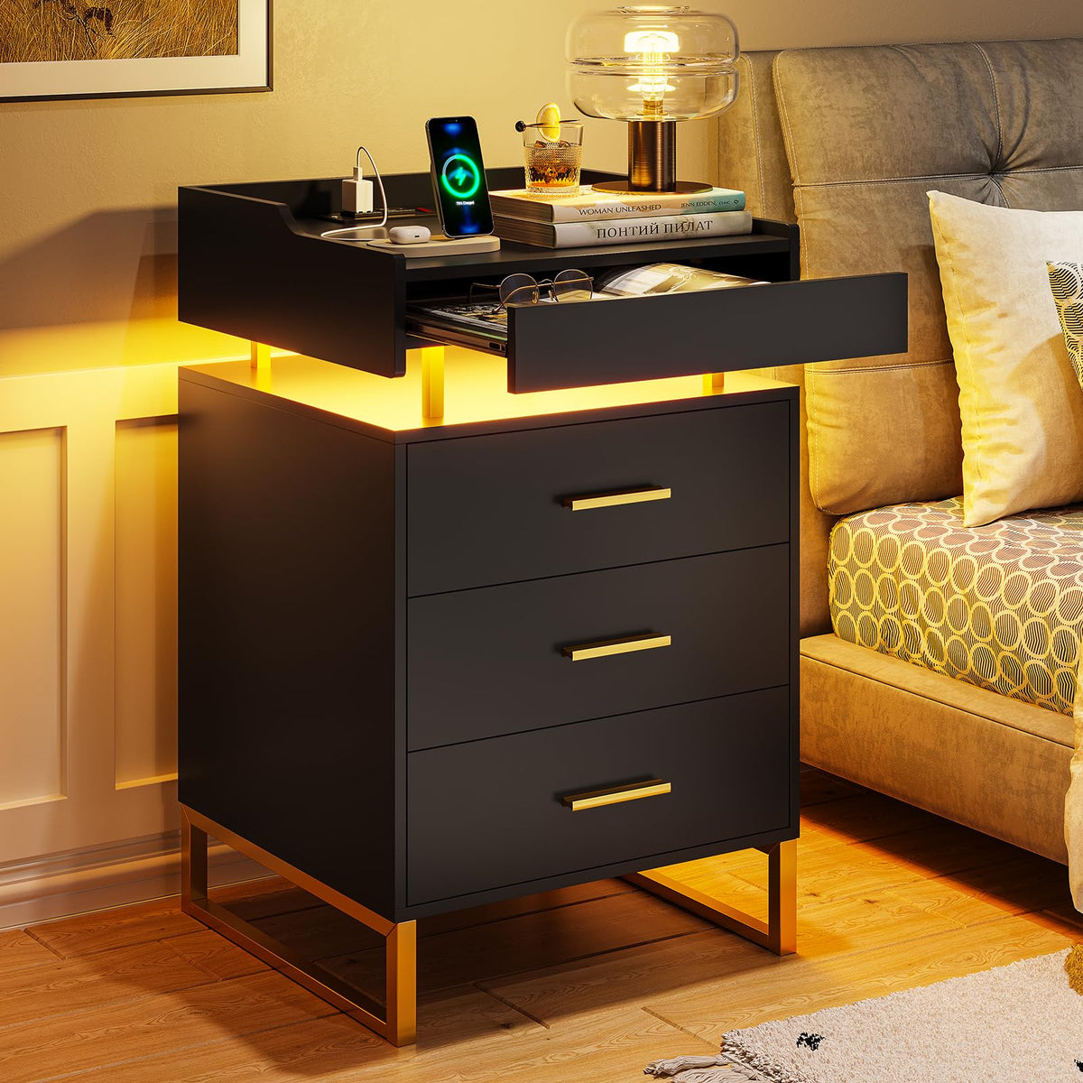 Black and Gold LED Nightstand with Charging Station X201463