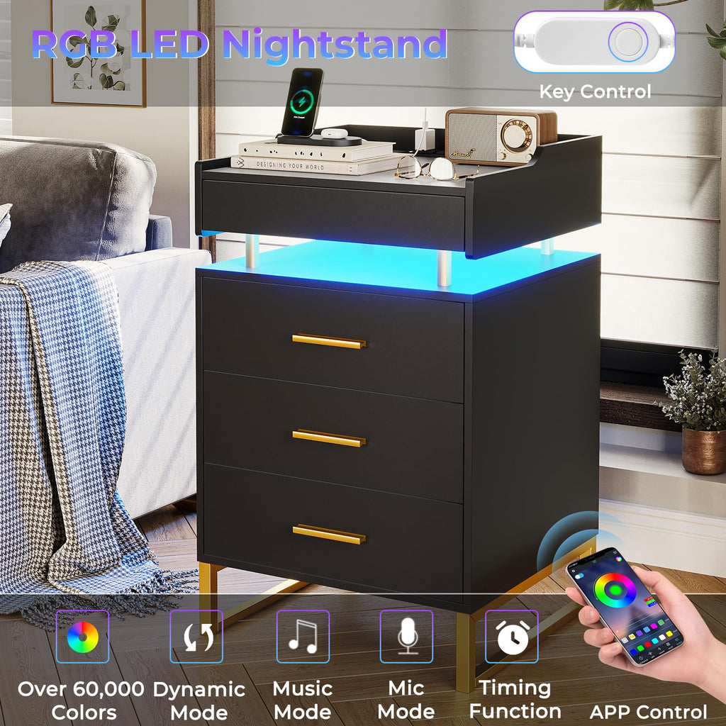 Black and Gold LED Nightstand with Charging Station X201463
