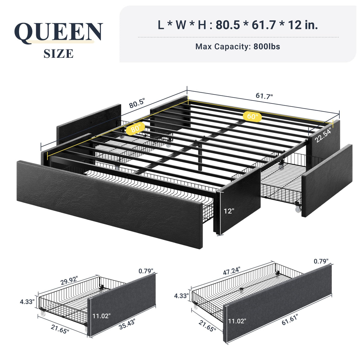 Queen Size Platform Storage Bed Frame with 3 Drawers, Black S8876