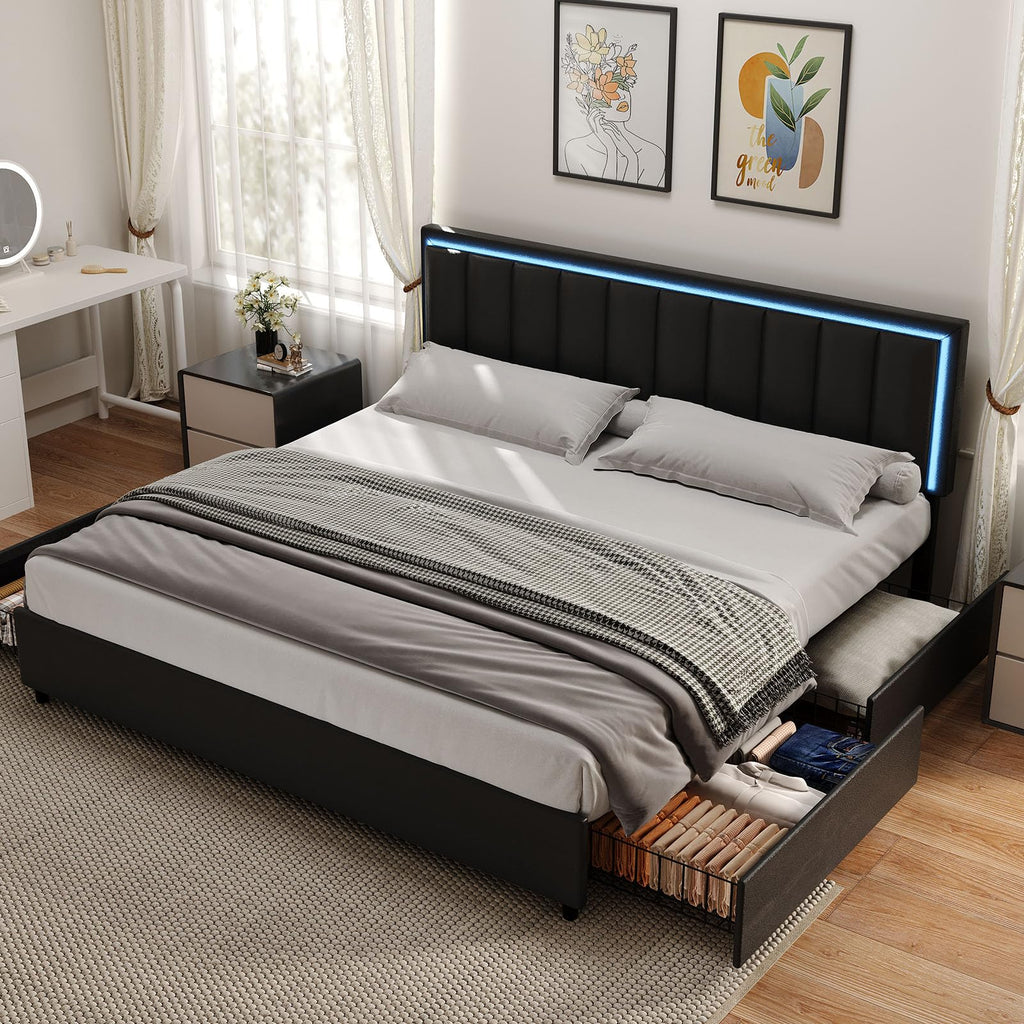 Black Full Size Upholstered Bed Frame with 4 Drawers and LED Lights N4978