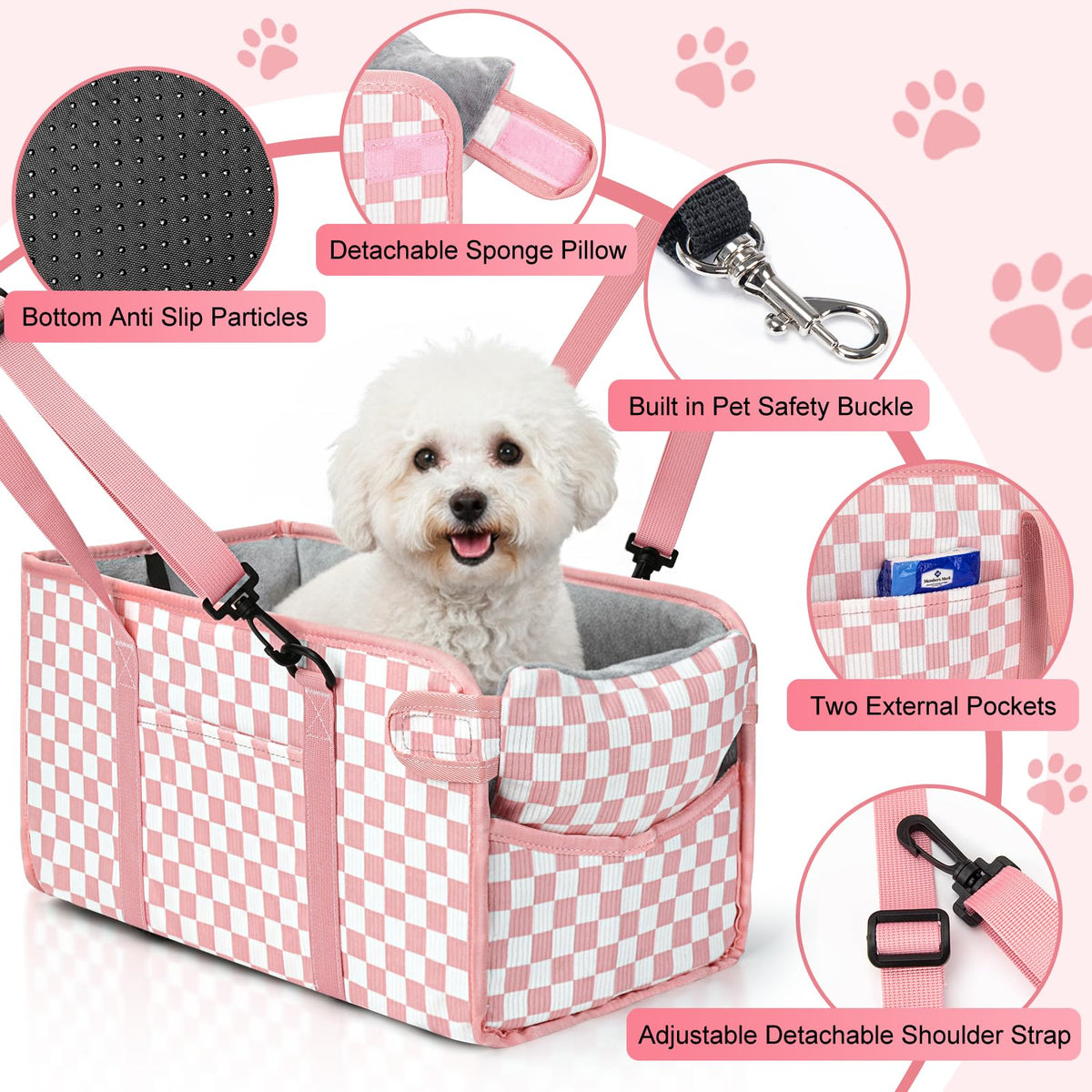 Pink Checkered Foldable Dog Car Seat L7134
