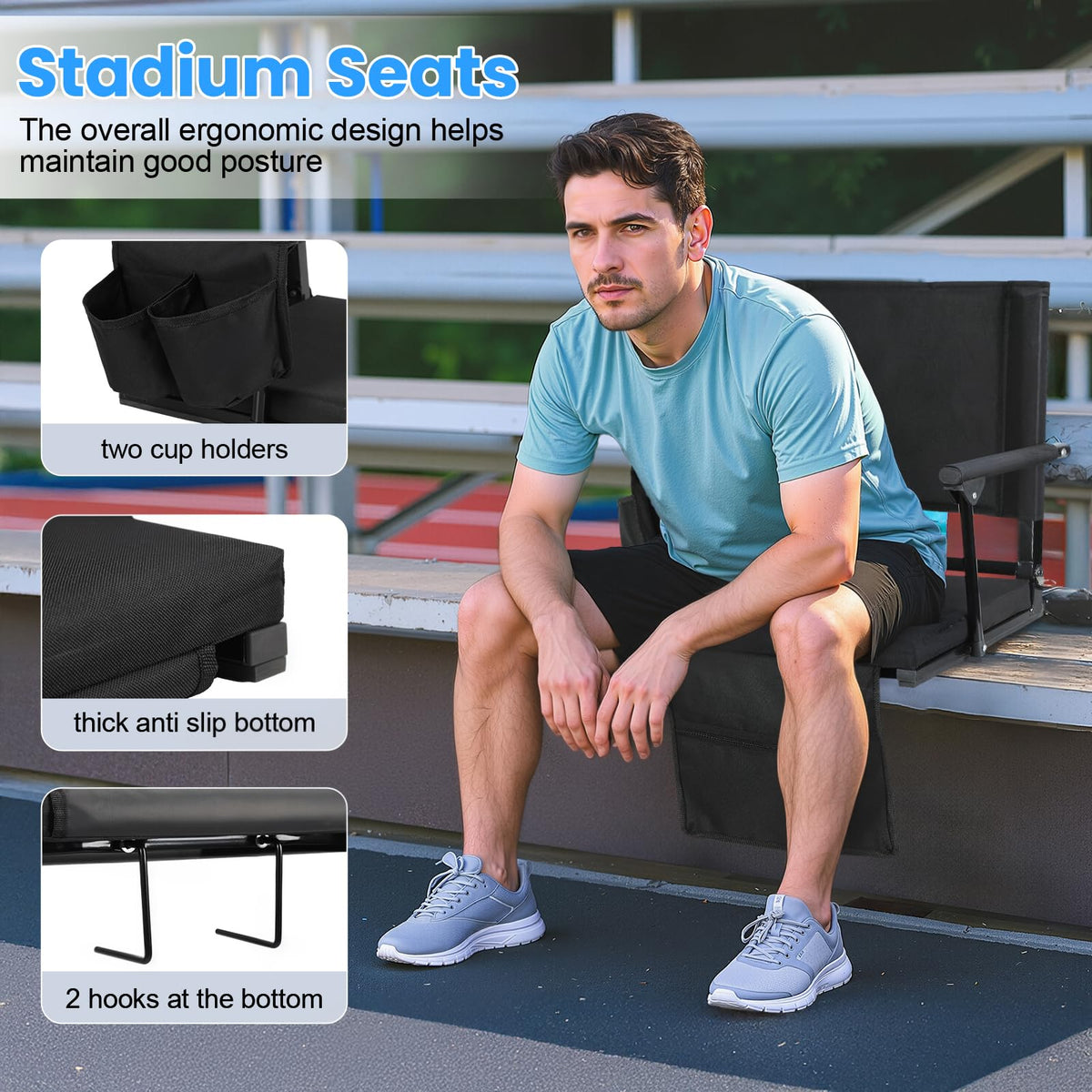 2 Pcs Folding Stadium Seat with Back Support and Cushion F5108