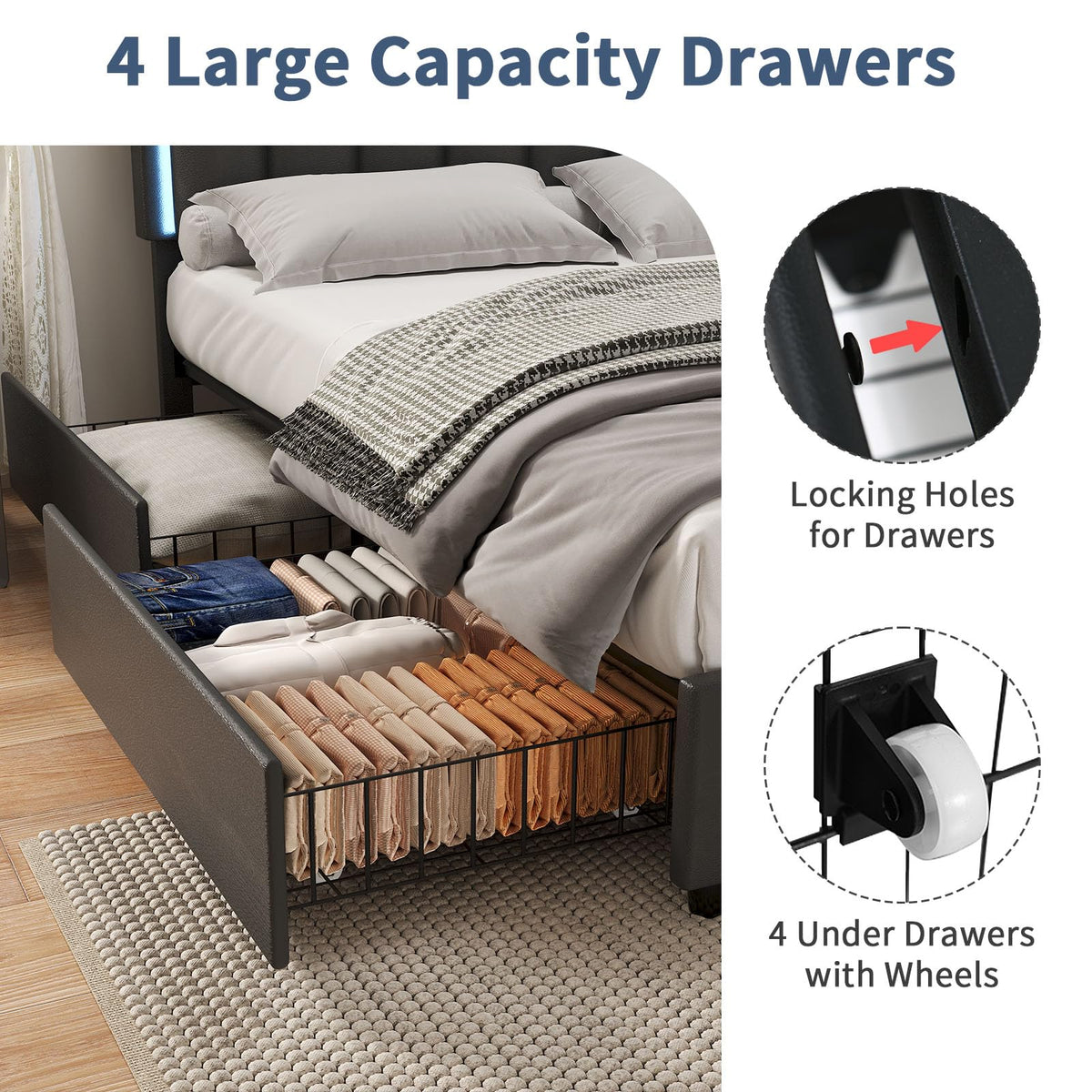 Black Full Size Upholstered Bed Frame with 4 Drawers and LED Lights N4978