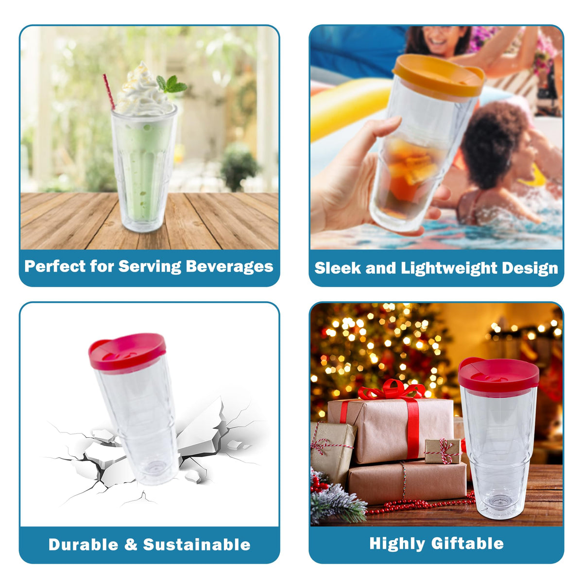 20 oz 4 Pack Double Wall Clear Acrylic Tumbler Cups with Lids V36779
