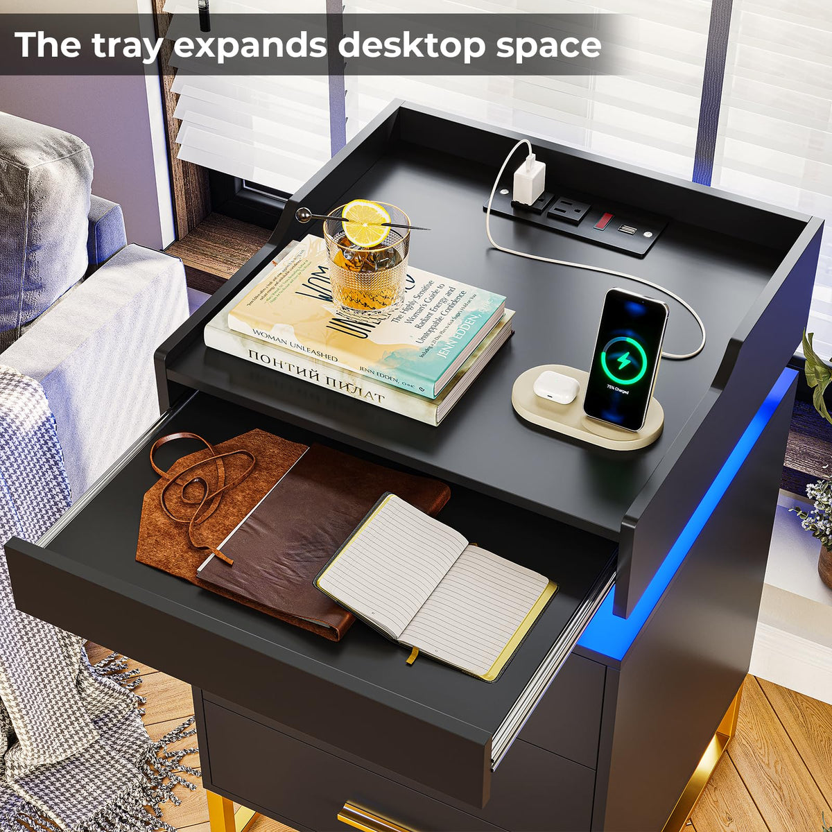 Black and Gold LED Nightstand with Charging Station X201463