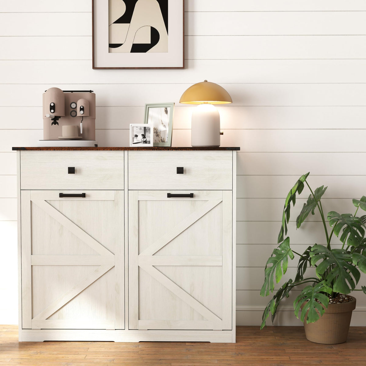 Antique White Tilt Out Trash Cabinet with 2 Drawers U9574