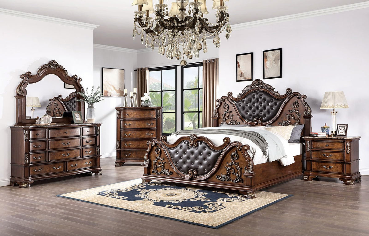 Brown Cherry California King Bed Frame with Tufted Leatherette Headboard E894