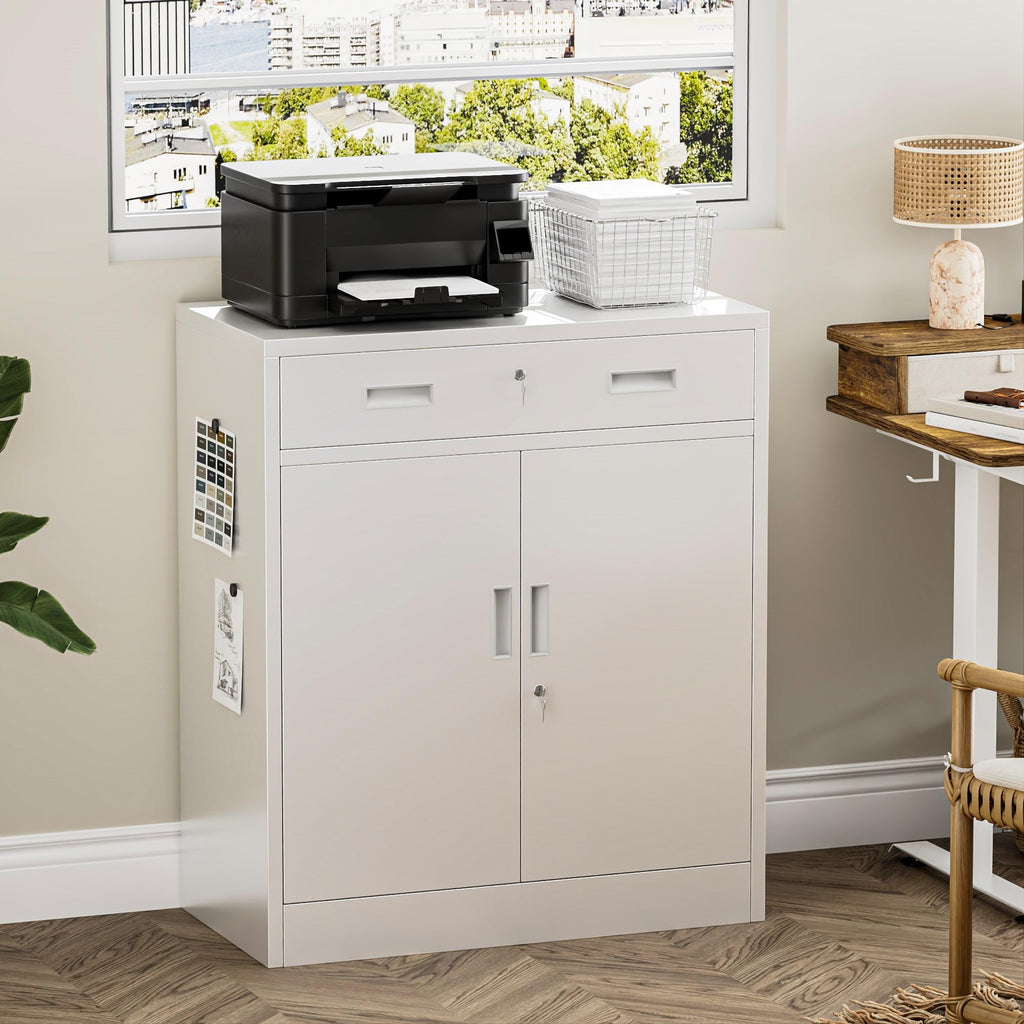 White Steel Lockable Storage Cabinet with Drawer and Adjustable Shelves Z6217