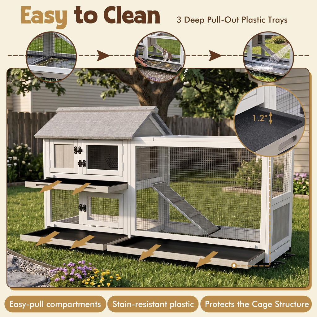 2-Story Wooden Rabbit Hutch with 3 Removable Trays K788719