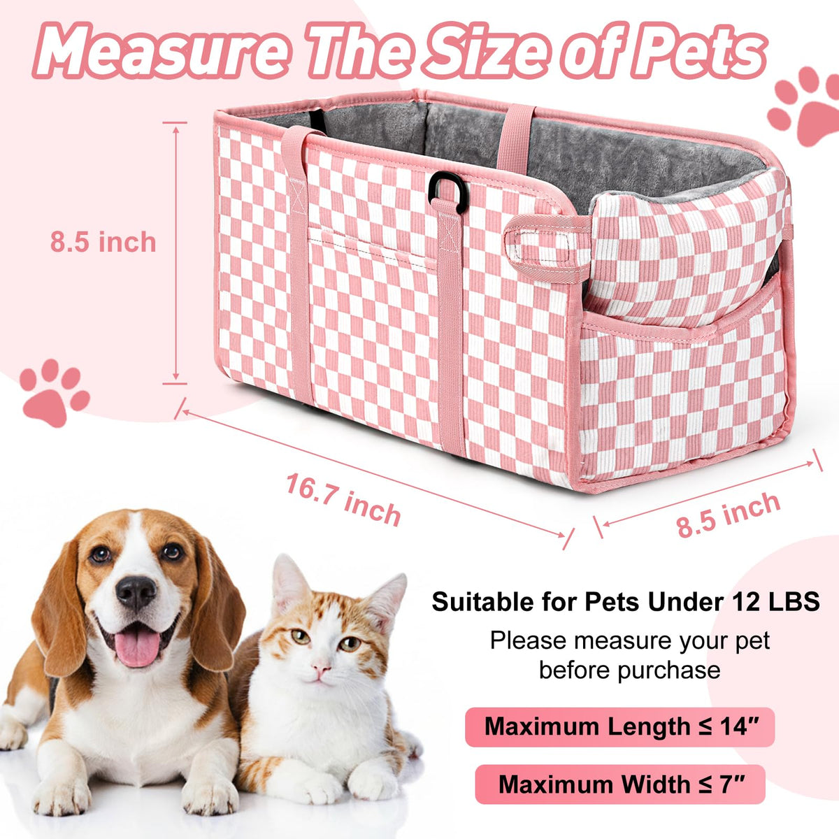 Pink Checkered Foldable Dog Car Seat L7134