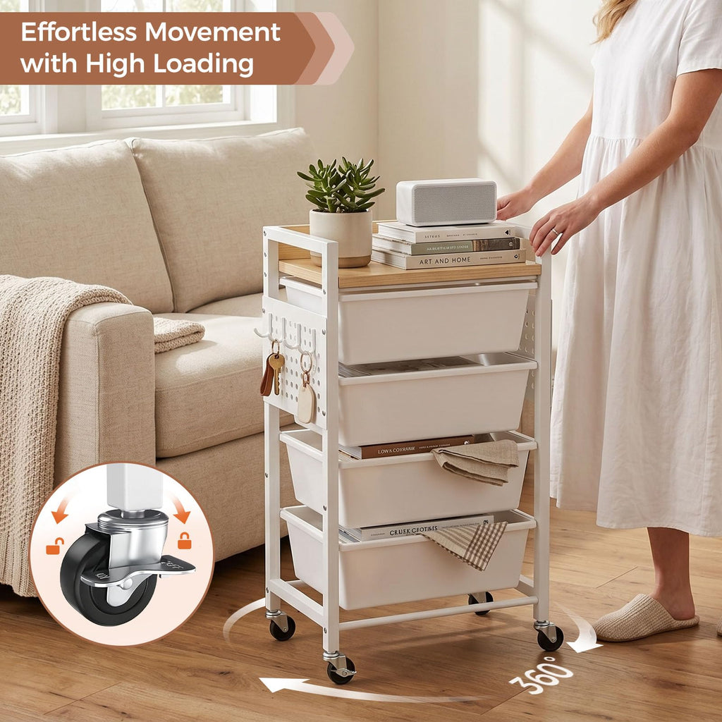 5 Tier Rolling Cart with Drawers, White M2221