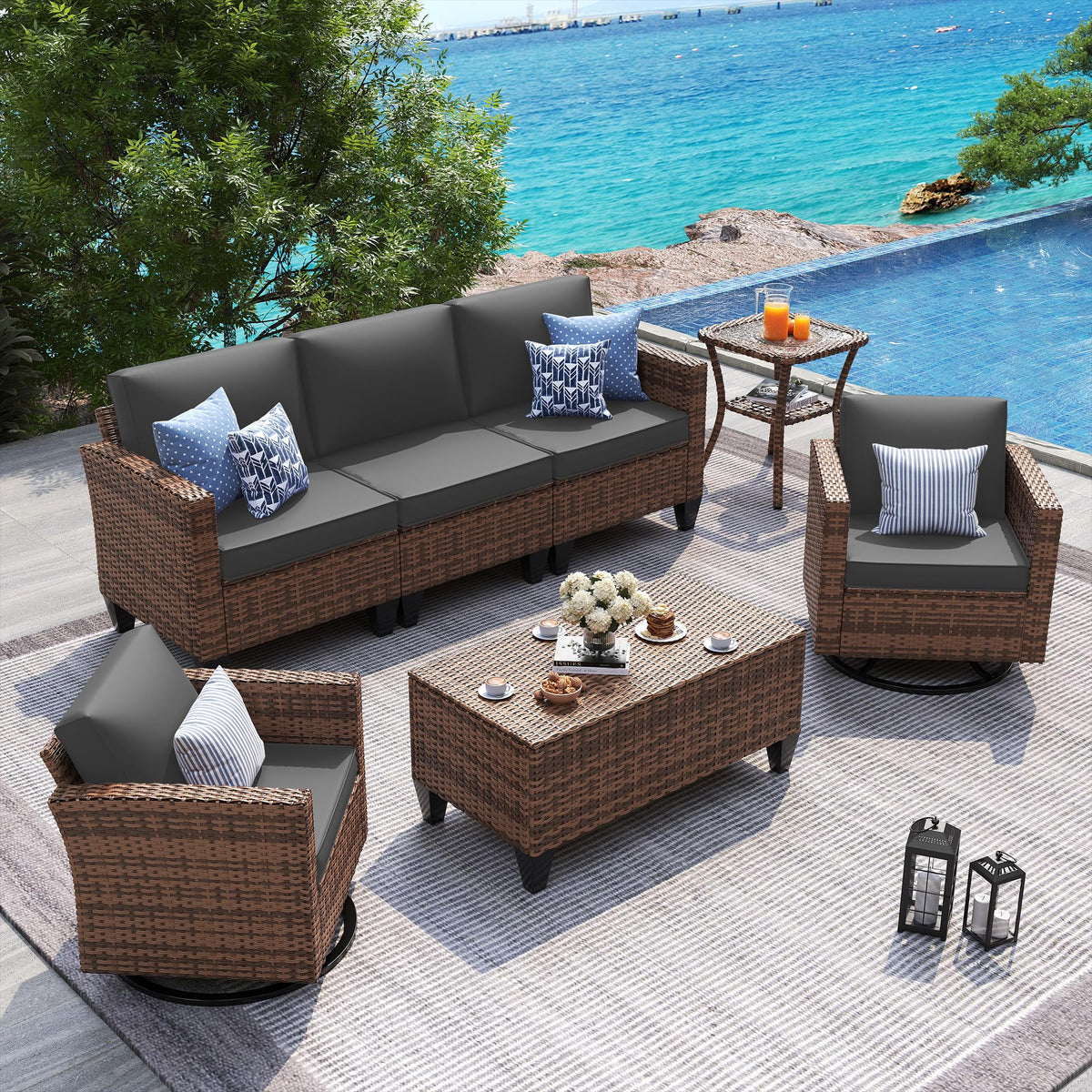 5 Pieces Wicker Rattan Patio Furniture Set with Storage Table R615