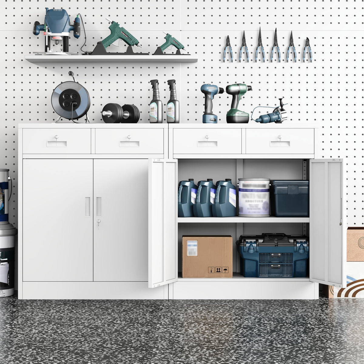 White Steel Lockable Storage Cabinet with Drawer and Adjustable Shelves Z6217
