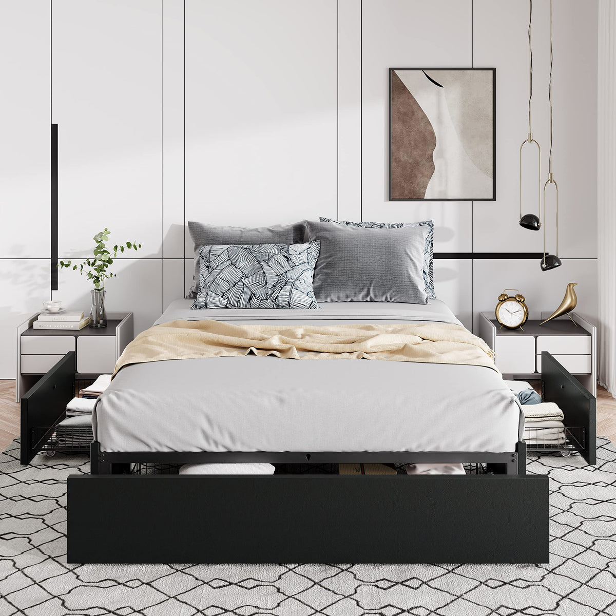 Queen Size Platform Storage Bed Frame with 3 Drawers, Black S8876
